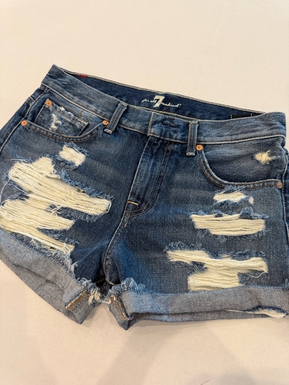 7 For All Mankind Distressed Dark Blue Denim Shorts - Picture 2 of 11